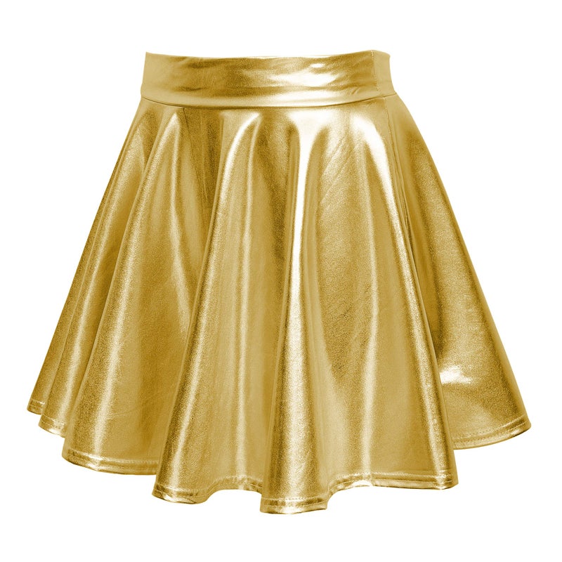 EXCHIC Women's Shiny Metallic Wet Look Stretchy Flared Mini Skater Skirt (S, Gold) - Image 3